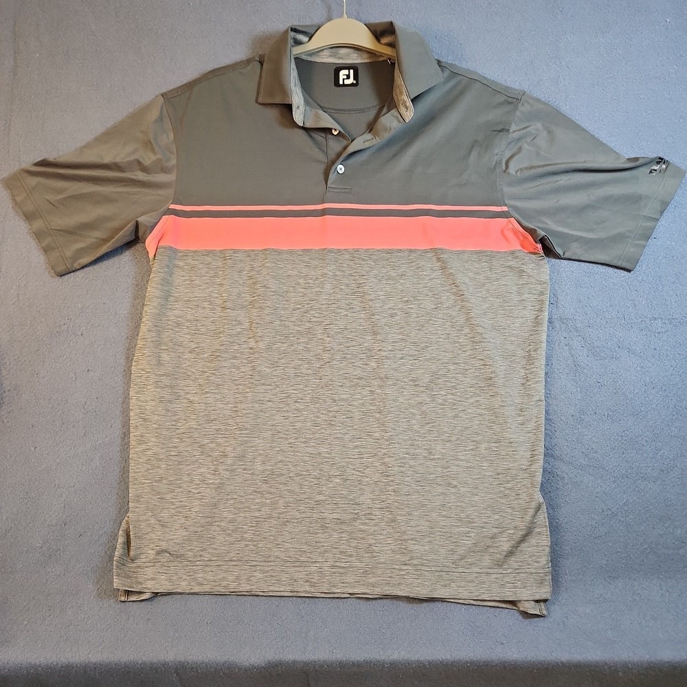 FootJoy Golf Polo Shirt Mens XL Gray /Pink Print‎ on Sleeve Polyester Blend